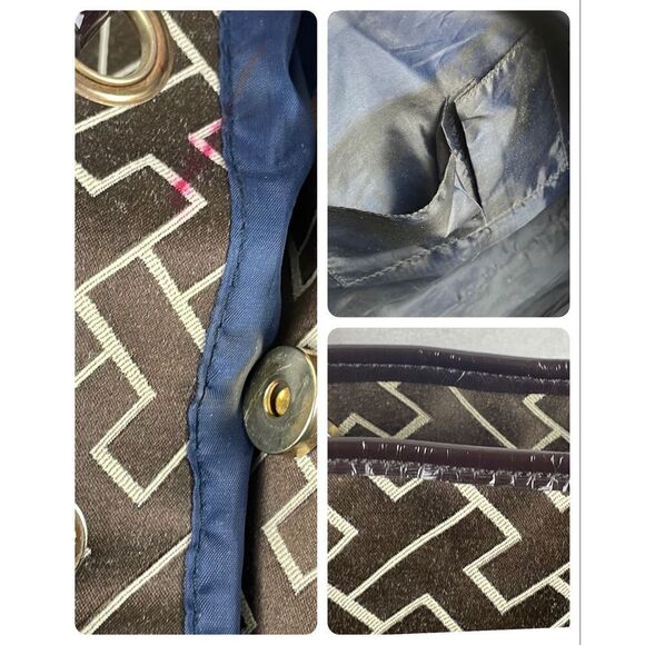 Tommy Hilfiger Logo Print Brown Sateen Patent Leather Trim Tote Bag - Picture 8 of 9